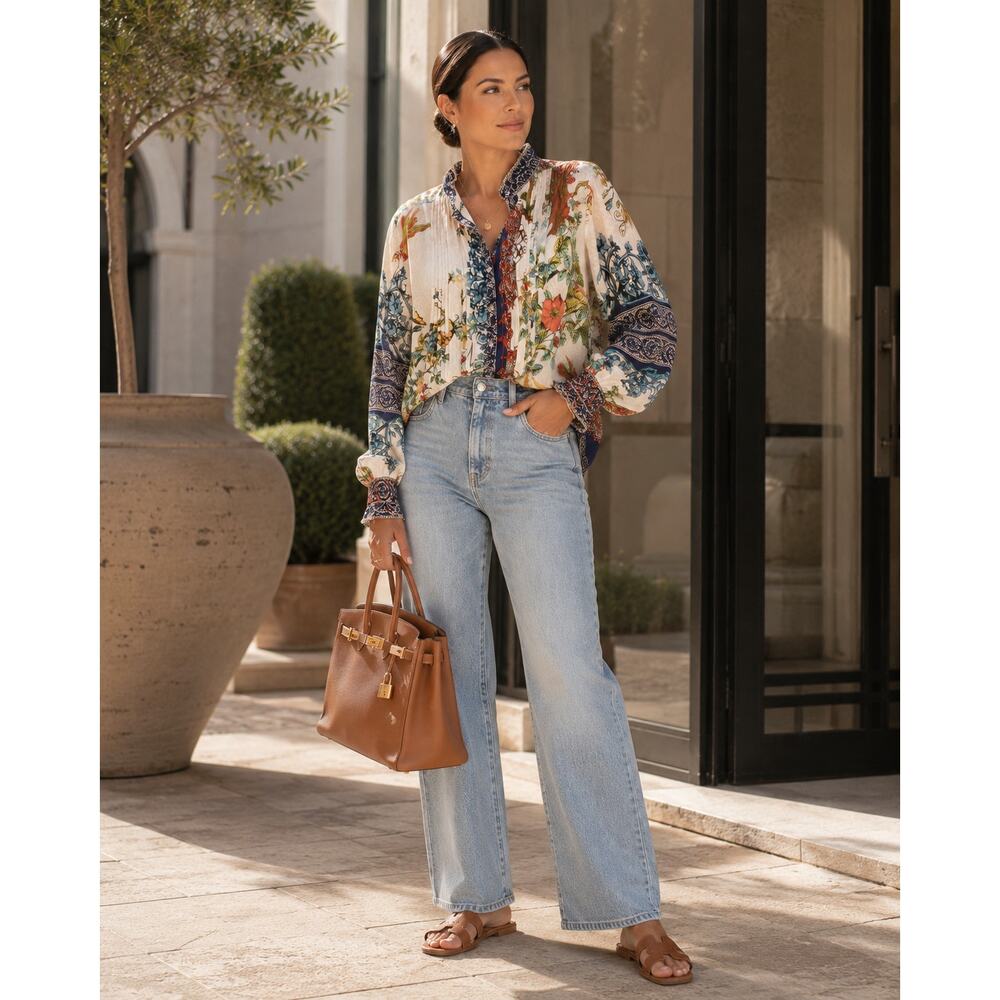 Johnny Was NWOT Evette 100% silk Blouse Sz XXL floral print ruffled neckline - Picture 9 of 14